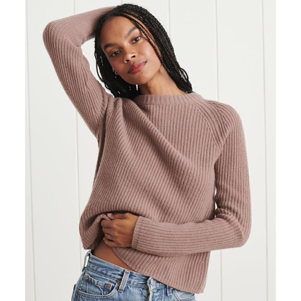 Jenni Kayne Cashmere Crew Neck Ribbed Pullover Fisherman Sweater Mink Pink XS